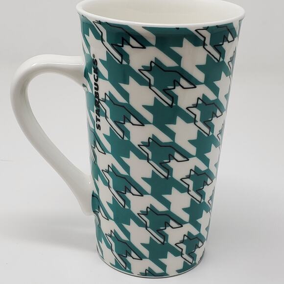 Starbucks Coffee Mug Cup Tall 16 Ounces 2017 Green and White Houndstooth Design - Picture 3 of 6